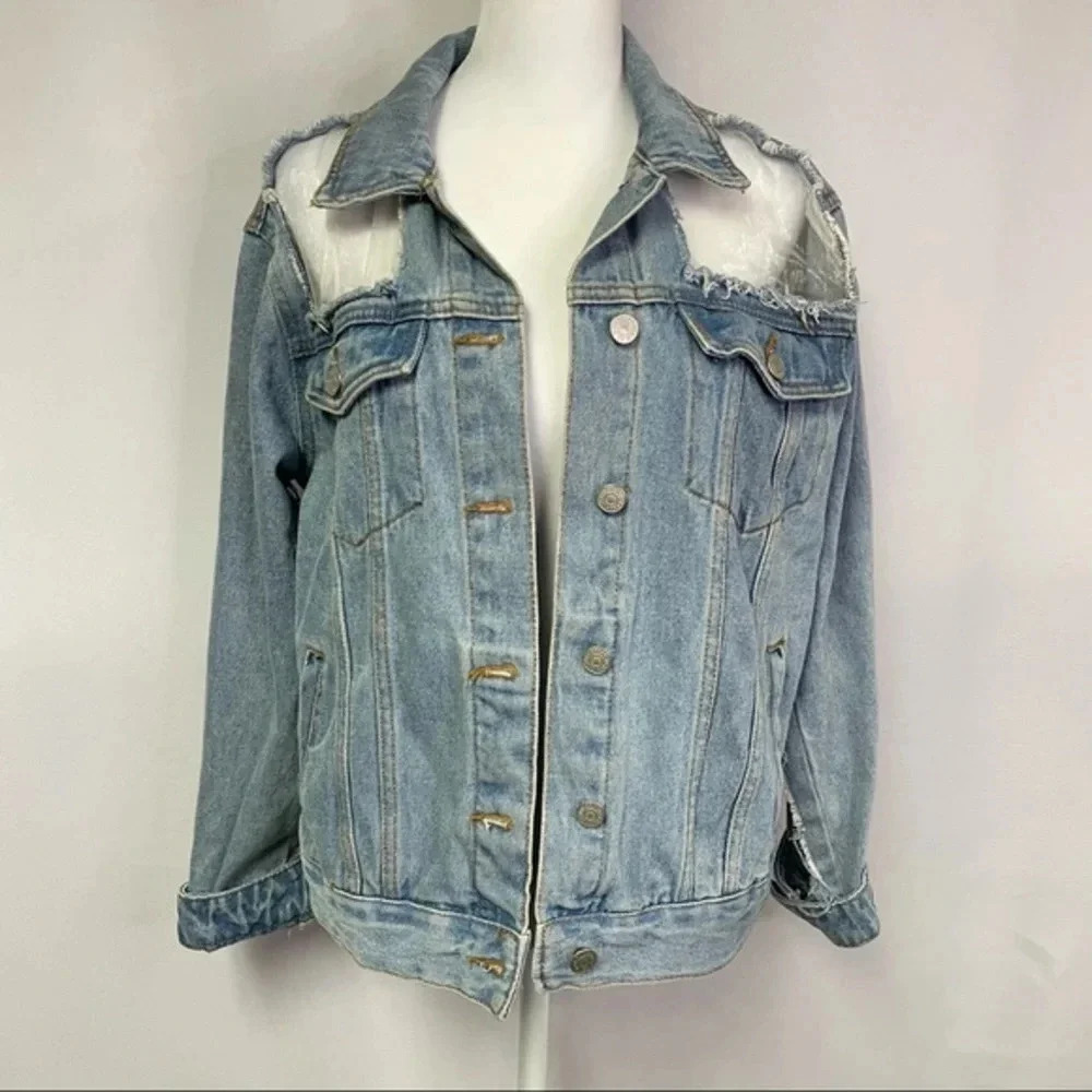 Pull & Bear Mesh Distressed Light Wash Denim Jean Jacket S